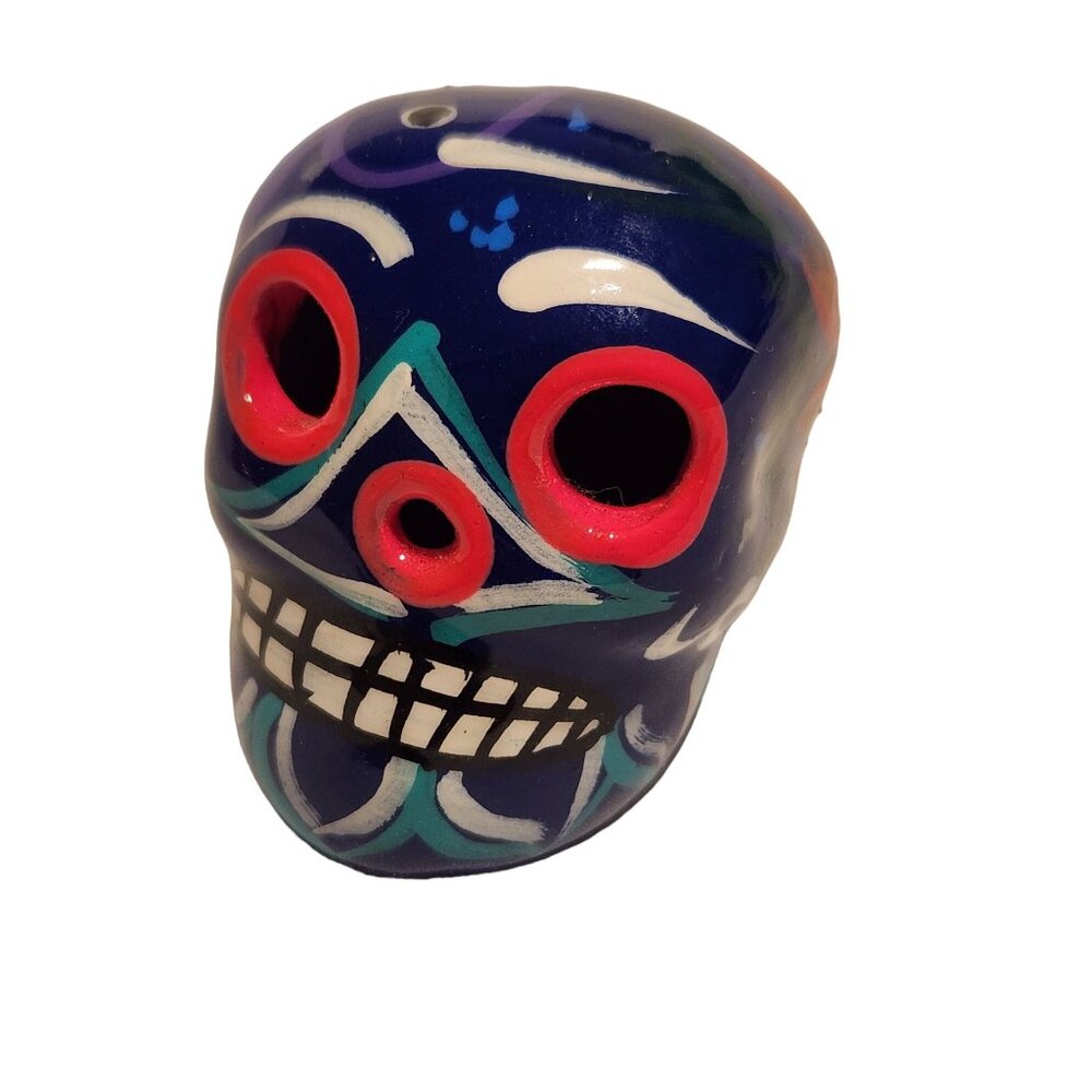 Sugar Skull Mexican Blue Hand Painted Colorful  2.5”T 4”W Halloween